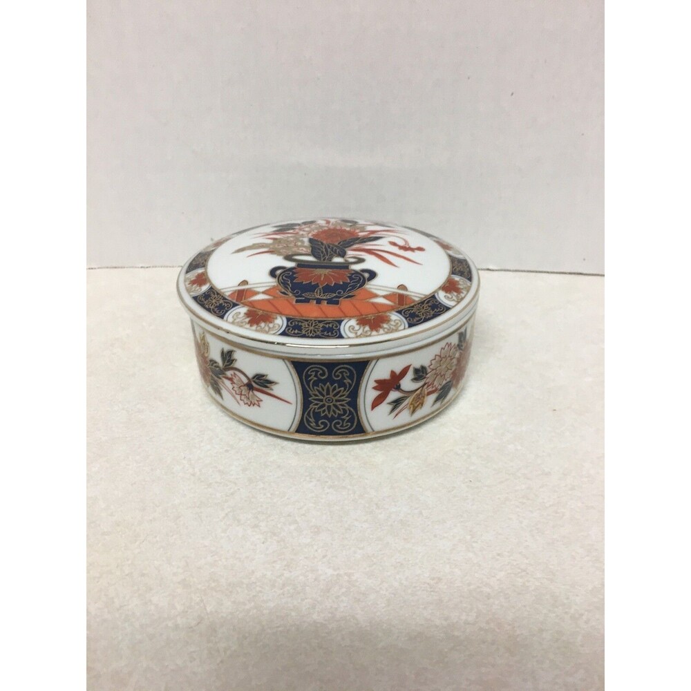 Vintage Oriental Porcelain Trinket Box Gold Rimmed Blue Red Gold Floral Design